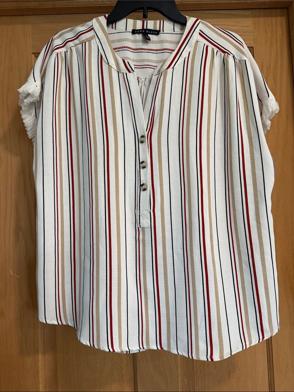 Love Tree Cream Multi-Stripe Short Sleeve Button Blouse with Fringe